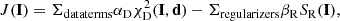 Mathematical equation: $$ \begin{aligned} J(\mathbf I ) = \Sigma _{\mathrm{data terms} } \alpha _{\mathrm{D} } \chi _{\mathrm{D} }^2 (\mathbf I , \mathbf d ) - \Sigma _{\mathrm{regularizers} } \beta _{\mathrm{R} } S_{\mathrm{R} } (\mathbf I ), \end{aligned} $$