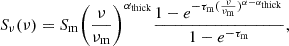 Mathematical equation: $$ \begin{aligned} S_{\nu }(\nu ) = S_{\rm {m}} \Bigg (\frac{\nu }{\nu _{\rm {m}}}\Bigg )^{\alpha _{\rm {thick}}} \frac{1-e^{-\tau _{\rm {m}} (\frac{\nu }{\nu _{\rm {m}}})^{\alpha -\alpha _{\rm {thick}}}}}{1-e^{-\tau _{\rm {m}}}}, \end{aligned} $$