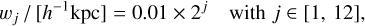 Mathematical equation: ${w_j}/\left[ {{h^{ - 1}}{\rm{kpc}}} \right] = 0.01 \times {2^j}{\rm{with}}j \in \left[ {1,12} \right],$