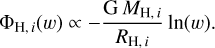 Mathematical equation: ${\Phi _{{\rm{H,i}}}}(w) \propto - {{G{M_{{\rm{H,i}}}}} \over {{R_{{\rm{H,i}}}}}}\ln (w).$
