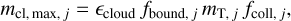 Mathematical equation: ${m_{{\rm{cl, max,}}j}} = {\varepsilon _{{\rm{cloud}}}}{f_{{\rm{bound,}}j}}{m_{{\rm{T,}}j}}{f_{{\rm{coll,}}j}},$