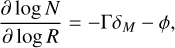 Mathematical equation: ${{\partial \log N} \over {\partial \log R}} = - {\rm{\Gamma }}{\delta _M} - \phi ,$