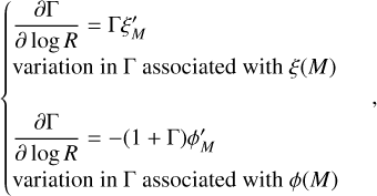 Mathematical equation: $\left\{ {\matrix{ {\matrix{ {{{\partial {\rm{\Gamma }}} \over {\partial \log R}} = {\rm{\Gamma }}\xi _M^\prime } \hfill \cr {{\rm{variationin\Gamma associatedwith}}\xi (M)} \hfill \cr } } \hfill \cr {\matrix{ {{{\partial {\rm{\Gamma }}} \over {\partial \log R}} = - (1 + {\rm{\Gamma }})\phi _M^\prime } \hfill \cr {{\rm{variationin\Gamma associatedwith}}\phi (M)} \hfill \cr } } \hfill \cr } ,} \right.$