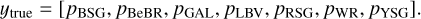 Mathematical equation: $\[y_{\text {true }}=\left[p_{\mathrm{BSG}}, p_{\mathrm{BeBR}}, p_{\mathrm{GAL}}, p_{\mathrm{LBV}}, p_{\mathrm{RSG}}, p_{\mathrm{WR}}, p_{\mathrm{YSG}}\right].\]$