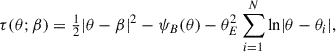 Mathematical equation: $$ \begin{aligned} \tau (\theta ;\beta ) = \tfrac{1}{2} |\theta - \beta |^2 - \psi _B(\theta ) - \theta _E^2\sum _{i = 1}^N \mathrm{ln} |\theta - \theta _i|, \end{aligned} $$
