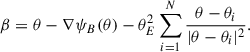 Mathematical equation: $$ \begin{aligned} \beta = \theta - \nabla \psi _B(\theta ) - \theta _E^2 \sum _{i = 1}^N \frac{\theta - \theta _i}{|\theta - \theta _i|^2}. \end{aligned} $$