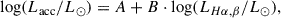 Mathematical equation: $$ \begin{aligned} \log (L_{\mathrm{acc}} / L_\odot ) = A + B \cdot \log (L_{H\alpha ,\beta }/L_\odot ), \end{aligned} $$