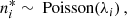 Mathematical equation: $$ \begin{aligned} {n^*_i \sim \text{ Poisson} (\lambda _i)}&\,, \end{aligned} $$