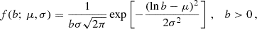 Mathematical equation: $$ \begin{aligned} { f(b;\, \mu , \sigma ) = \frac{1}{b \sigma \sqrt{2\pi }} \exp \left[ -\frac{(\ln b - \mu )^2}{2\sigma ^2} \right] \, , \quad b > 0 }\, , \end{aligned} $$