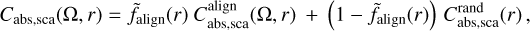 Mathematical equation: C_{\rm {abs, sca}}(\Omega, r) = {\tilde{f}_{\rm {align}}}(r) \ C^{\rm {align}}_{\rm {abs,sca}}(\Omega , r) \ + \ \left(1 - {\tilde{f}_{\rm {align}}}(r)\right) \, C^{\rm {rand}}_{\rm {abs,sca}}(r) \,,
