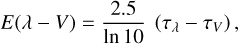 Mathematical equation: E(\lambda - V) = \frac{2.5}{\ln 10} \ \left(\tau_{\lambda} - \tau_V \right) ,
