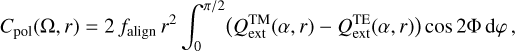 Mathematical equation: C_{\rm {pol}}(\Omega , r)=2 \, {f_{\rm {align}}}\,r^{2}\int_0^{\pi/2} \bigl(Q_{\rm {ext}}^{\rm TM}(\alpha ,r)-Q_{\rm {ext}}^{\rm TE}(\alpha ,r)\bigr) \cos 2\Phi\,\mathrm{d}\varphi\,,