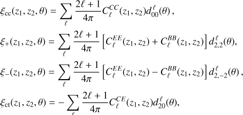 Mathematical equation: $\[\begin{aligned}& \xi_{\mathrm{cc}}(z_1, z_2, \theta)=\sum_{\ell} \frac{2 \ell+1}{4 \pi} C_{\ell}^{C C}(z_1, z_2) d_{00}^{\ell}(\theta),\\& \xi_{+}(z_1, z_2, \theta)=\sum_{\ell} \frac{2 \ell+1}{4 \pi}[C_{\ell}^{E E}(z_1, z_2)+C_{\ell}^{B B}(z_1, z_2)] d_{2,2}^{\ell}(\theta),\\& \xi_{-}(z_1, z_2, \theta)=\sum_{\ell} \frac{2 \ell+1}{4 \pi}[C_{\ell}^{E E}(z_1, z_2)-C_{\ell}^{B B}(z_1, z_2)] d_{2,-2}^{\ell}(\theta),\\& \xi_{\mathrm{ct}}(z_1, z_2, \theta)=-\sum_{\ell} \frac{2 \ell+1}{4 \pi} C_{\ell}^{C E}(z_1, z_2) d_{20}^{\ell}(\theta),\end{aligned}\]$