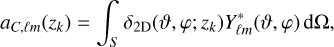 Mathematical equation: $\[a_{C, \ell m}(z_k)=\int_S \delta_{2 \mathrm{D}}(\vartheta, \varphi ; z_k) Y_{\ell m}^*(\vartheta, \varphi) ~\mathrm{d} \Omega,\]$