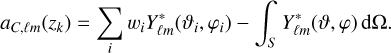 Mathematical equation: $\[a_{C, \ell m}(z_k)=\sum_i w_i Y_{\ell m}^*(\vartheta_i, \varphi_i)-\int_S Y_{\ell m}^*(\vartheta, \varphi) ~\mathrm{d} \Omega.\]$