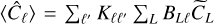 Mathematical equation: $\[\left\langle\hat{C}_{\ell}\right\rangle={\sum}_{\ell^{\prime}} K_{\ell \ell^{\prime}} {\sum}_{L} B_{L \ell} \widetilde{C}_{L}\]$