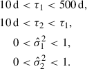Mathematical equation: $$ \begin{aligned} 10 \, \mathrm{d}&< \tau _1 < 500 \, \mathrm{d} , \\ 10 \, \mathrm{d}&< \tau _2 < \tau _1, \\ 0&< \hat{\sigma }^2_1 < 1, \\ 0&< \hat{\sigma }^2_2 < 1. \end{aligned} $$