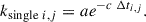 Mathematical equation: $$ \begin{aligned} k_{\mathrm{single} \ i, j} = a e^{-c \ \Delta t_{i,j}}. \end{aligned} $$