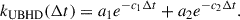 Mathematical equation: $$ \begin{aligned} k_{\mathrm{UBHD} }(\Delta t) = a_{1} e^{-c_{1} \Delta t} + a_{2} e^{-c_{2} \Delta t}. \end{aligned} $$