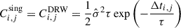 Mathematical equation: $$ \begin{aligned} C^\mathrm{{sing}}_{i,j}=C^\mathrm{{DRW}}_{i,j}=\frac{1}{2}\hat{\sigma }^2 \tau \exp \left(-\frac{\Delta t_{i,j}}{\tau }\right) \end{aligned} $$