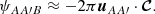 Mathematical equation: $$ \begin{aligned} \psi _{AA\prime B} \approx -2\pi {\boldsymbol{u}}_{AA\prime }\cdot \boldsymbol{\mathcal{C} }. \end{aligned} $$