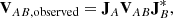 Mathematical equation: $$ \begin{aligned} \mathbf V _{AB,\mathrm{observed}}=\mathbf J _A \mathbf V _{AB} \mathbf J _B^*, \end{aligned} $$