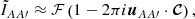 Mathematical equation: $$ \begin{aligned} \tilde{I}_{AA\prime }\approx \mathcal{F} \left(1-2\pi i {\boldsymbol{u}}_{AA\prime }\cdot \boldsymbol{\mathcal{C} }\right), \end{aligned} $$