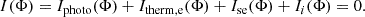 Mathematical equation: $$ \begin{aligned} I(\Phi ) = I_{\rm photo}(\Phi ) + I_{\rm therm,e}(\Phi ) + I_{\rm se}(\Phi ) + I_{i}(\Phi ) = 0. \end{aligned} $$