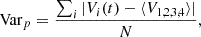 Mathematical equation: $$ \begin{aligned} \mathrm{Var}_{p} = \frac{\sum _{i}|V_{i}(t) - \langle V_{1,2,3,4}\rangle |}{N}, \end{aligned} $$
