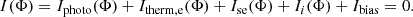 Mathematical equation: $$ \begin{aligned} I(\Phi ) = I_{\rm photo}(\Phi ) + I_{\rm therm,e}(\Phi ) + I_{\rm se}(\Phi )+I_{i}(\Phi )+I_{\rm bias} = 0. \end{aligned} $$