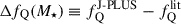 Mathematical equation: $ \Delta f_{\mathrm{Q}}(M_\star)\equiv f_{\mathrm{Q}}^{\text{J-PLUS}}-f_{\mathrm{Q}}^{\mathrm{lit}} $