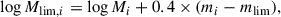 Mathematical equation: $$ \begin{aligned} \log M_{\mathrm{lim}, i} = \log M_i + 0.4 \times (m_i - m_{\rm lim}), \end{aligned} $$