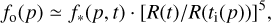Mathematical equation: ${f_{\rm{o}}}(p) \simeq {f_*}(p,t) \cdot {\left[ {R(t)/R({t_{\rm{i}}}(p))} \right]^5},$