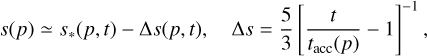 Mathematical equation: $s(p) \simeq {s_*}(p,t) - {\rm{\Delta }}s(p,t),\qquad {\rm{\Delta }}s = {5 \over 3}{\left[ {{t \over {{t_{{\rm{acc}}}}(p)}} - 1} \right]^{ - 1}},$