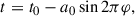 Mathematical equation: $$ \begin{aligned} t = t_0 - a_0\sin 2\pi \varphi , \end{aligned} $$
