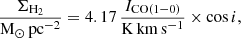 Mathematical equation: $$ \begin{aligned} \frac{\Sigma _{\rm H_2}}{\mathrm{M}_\odot \,\mathrm{pc}^{-2}} = 4.17\, \frac{I_{\rm CO(1-0)}}{\mathrm{K\,km\,s^{-1}}}\times \cos {i}, \end{aligned} $$