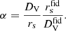 Mathematical equation: $$ \begin{aligned} \alpha = \frac{D_{\rm V}}{r_{\rm s}} \frac{r_{\rm s}^\mathrm{fid}}{D_{\rm V}^\mathrm{fid}}. \end{aligned} $$
