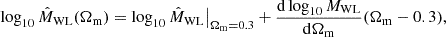 Mathematical equation: $$ \begin{aligned} \log _{10} \hat{M}_{\rm WL}(\Omega _{\rm m}) = \log _{10} \hat{M}_{\rm WL} \big \vert _{\Omega _{\rm m} = 0.3} + \frac{\mathrm{d} \log _{10} M_{\rm WL}}{\mathrm{d} \Omega _{\rm m}} (\Omega _{\rm m}-0.3), \end{aligned} $$
