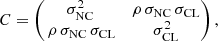 Mathematical equation: $$ \begin{aligned} C = \begin{pmatrix} \sigma _{\rm NC}^2&\rho \,\sigma _{\rm NC}\,\sigma _{\rm CL}\\ \,\rho \,\sigma _{\rm NC}\,\sigma _{\rm CL}&\sigma _{\rm CL}^2 \end{pmatrix}, \end{aligned} $$