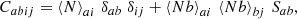 Mathematical equation: $$ \begin{aligned} C_{a b i j} = \left\langle N \right\rangle _{a i} \,\delta _{a b} \;\delta _{i j} + \left\langle N b \right\rangle _{a i} \,\left\langle N b \right\rangle _{b j} \,S_{a b} , \end{aligned} $$