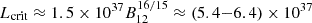 Mathematical equation: $ L_{\mathrm{crit}} \approx 1.5 \times 10^{37} B_{12}^{16/15} \approx (5.4 {-} 6.4) \times 10^{37} $
