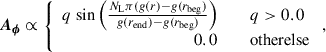 Mathematical equation: $$ \begin{aligned} \boldsymbol{A_{\phi }} \propto \left\{ \begin{array}{rcl} q \ \mathrm{sin}\left(\frac{N_{\rm L}\pi (g(r) - g(r_{\rm beg})}{g(r_{\rm end})-g(r_{\rm beg})}\right)&\,&q > {0.0}\\ 0.0&\,&\mathrm{otherelse}\\ \end{array} \right., \end{aligned} $$