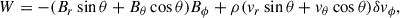Mathematical equation: $$ \begin{aligned} W = -(B_r\sin {\theta } + B_{\theta }\cos {\theta })B_{\phi } + \rho (v_r\sin {\theta } + v_{\theta }\cos {\theta }) \delta v_{\phi }, \end{aligned} $$