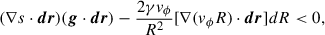 Mathematical equation: $$ \begin{aligned} (\nabla s \cdot \boldsymbol{dr}) (\boldsymbol{g} \cdot \boldsymbol{dr}) - \frac{2\gamma v_{\phi }}{R^2} [\nabla (v_{\phi }R) \cdot \boldsymbol{dr}]dR < 0, \end{aligned} $$