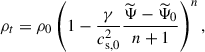Mathematical equation: $$ \begin{aligned} \rho _t = \rho _0\left(1-\frac{\gamma }{c^2_{\rm s,0}}\frac{\widetilde{\Psi } -\widetilde{\Psi }_0}{n+1}\right)^n, \end{aligned} $$
