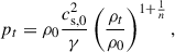 Mathematical equation: $$ \begin{aligned} p_t = \rho _0 \frac{c^2_{\rm s,0}}{\gamma }\left(\frac{\rho _t}{\rho _0}\right)^{1+\frac{1}{n}}, \end{aligned} $$