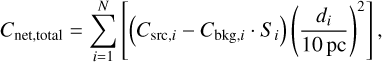 Mathematical equation: C_{\text{net,total}} &= \sum_{i=1}^{N} \left[ \left(C_{\text{src},i} - C_{\text{bkg},i} \cdot S_i \right) \left( \frac{d_i}{10\,\text{pc}} \right)^2 \right]\label{eq:AC_C} ,\\
