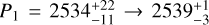 Mathematical equation: $$P_1=2534^{+22}_{-11} \rightarrow 2539^{+1}_{-3}$$