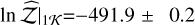 Mathematical equation: \lnzh$\mid_{1\mathcal{K}}$=$-491.9\pm~0.2$