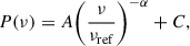 Mathematical equation: $$ \begin{aligned} P(\nu ) = A\bigg (\frac{\nu }{\nu _{\mathrm{ref}}}\bigg )^{-\alpha }+C, \end{aligned} $$